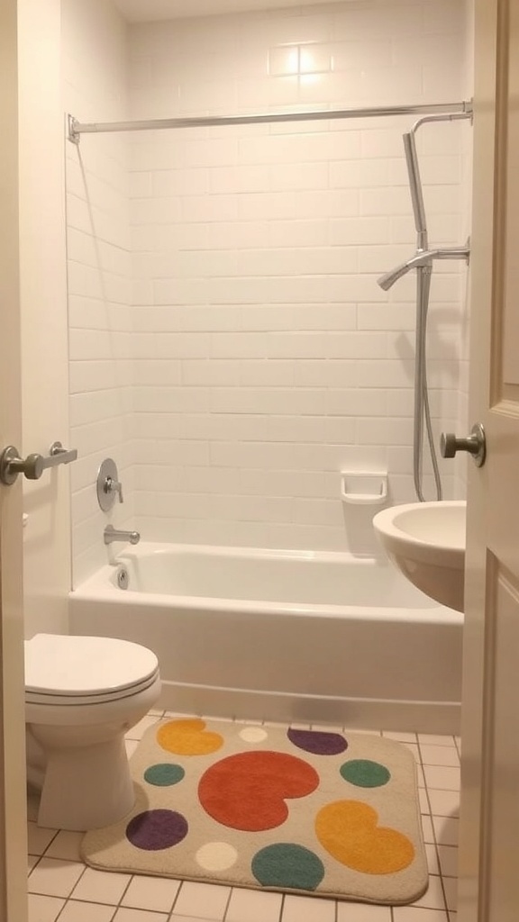 A small bathroom with a colorful polka dot bath mat on the floor.