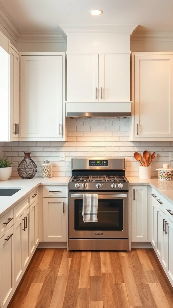 A modern kitchen featuring a whitewashed brick backsplash, white cabinets, and wooden accents.