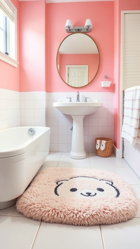 A cute pink bath mat with a bear design in a bright pink bathroom.