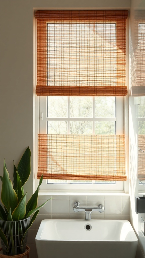 Bamboo shades covering a window in a bathroom with a plant nearby.