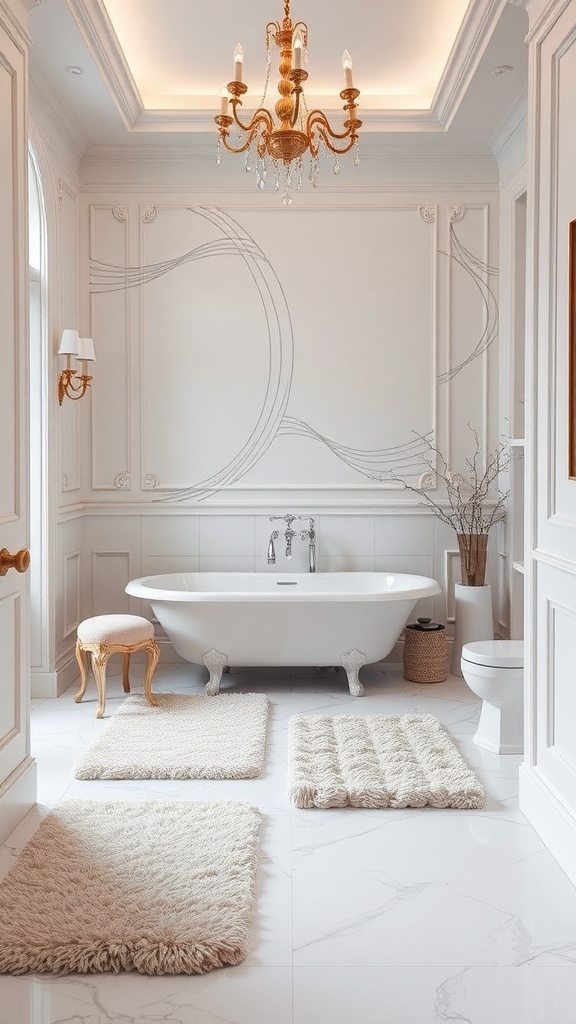 A stylish bathroom featuring plush bath mats, a white bathtub, and elegant decor.