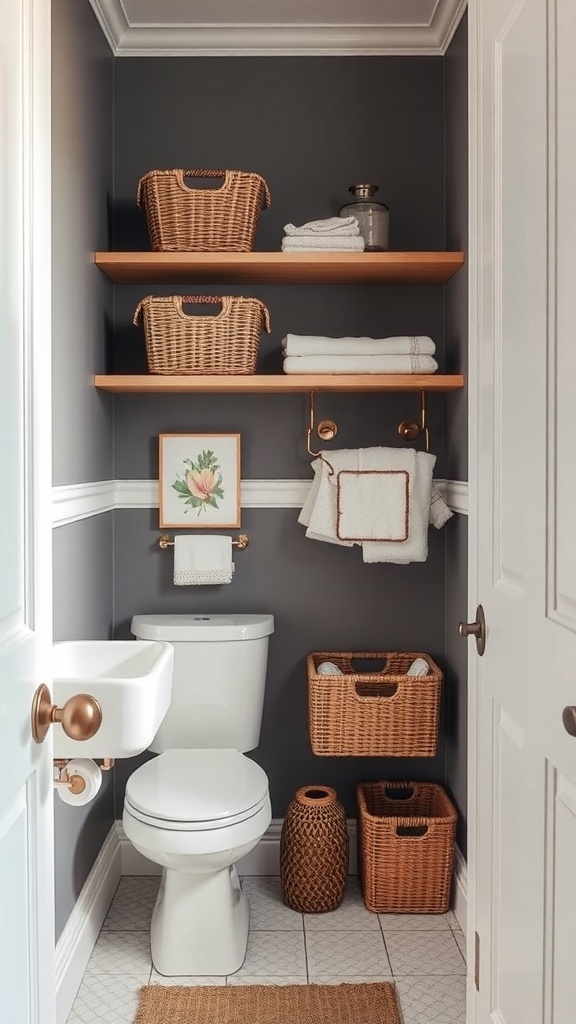 A small bathroom with gray walls, wooden shelves, and wicker baskets for storage.