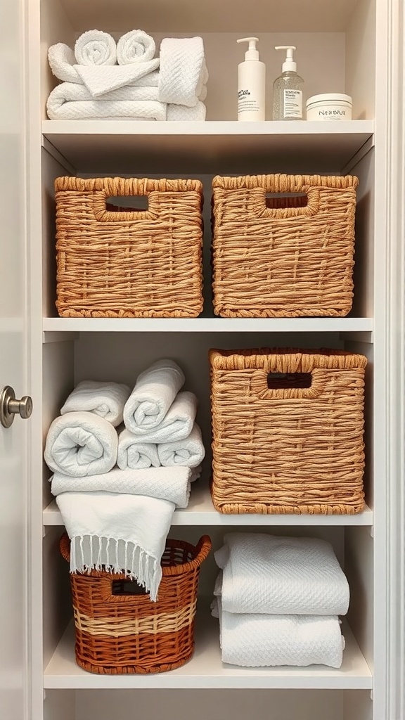 Neatly arranged decorative storage baskets in a bathroom cabinet, holding towels and toiletries.