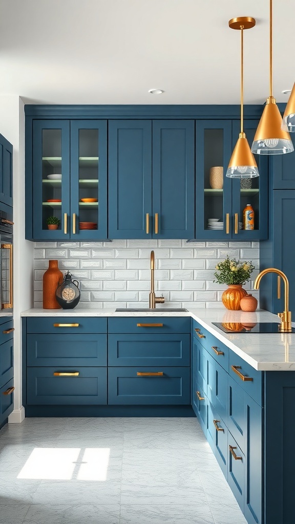 A modern kitchen with dark blue cabinets and gold accents, featuring a white subway tile backsplash and light countertops.