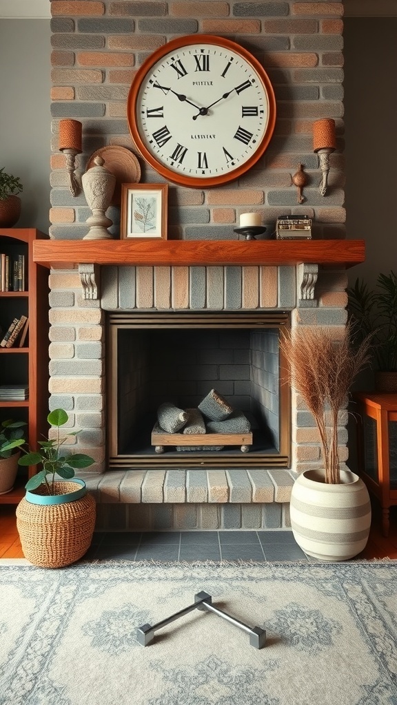 A mid-century modern fireplace with vintage accessories, featuring a large clock, candle holders, and decorative plants.
