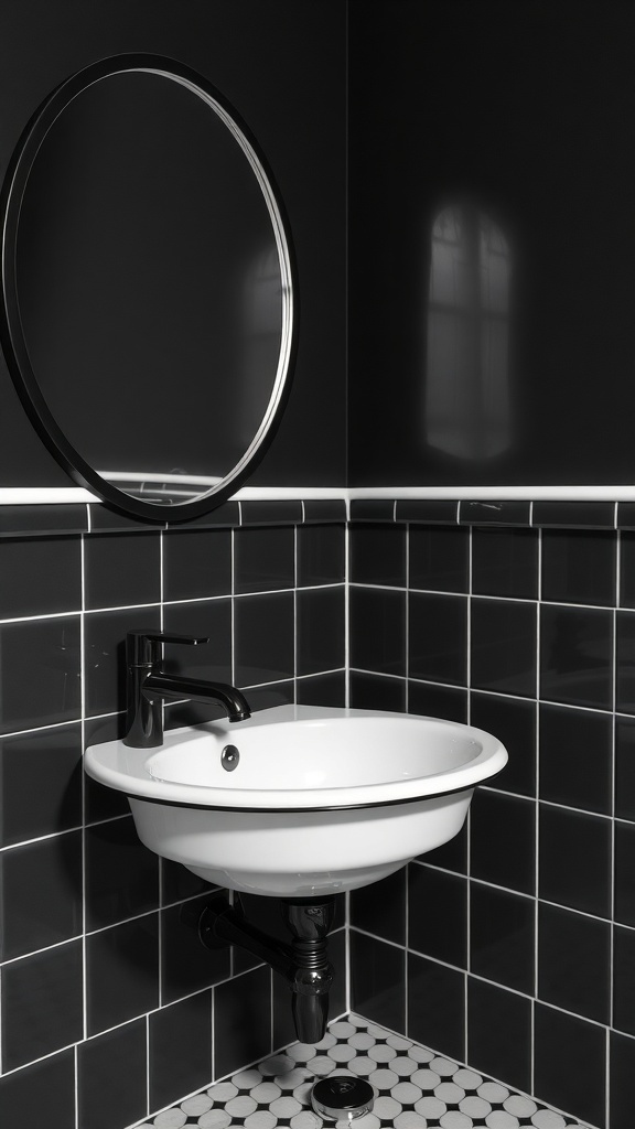A black and white bathroom featuring a round mirror, black faucet, and white basin against dark tiles.