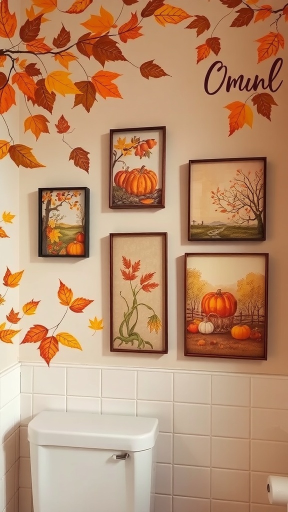 Autumn-inspired wall art featuring framed pictures of pumpkins and leaves, with painted leaves on the wall.