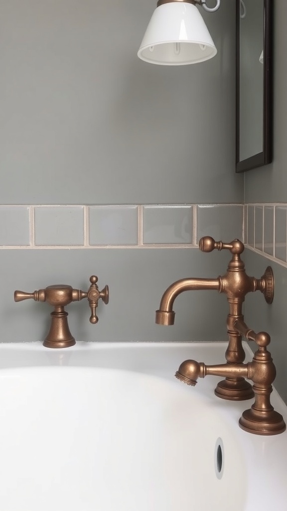 Antique bronze bathroom fixtures and a vintage lamp on a gray wall
