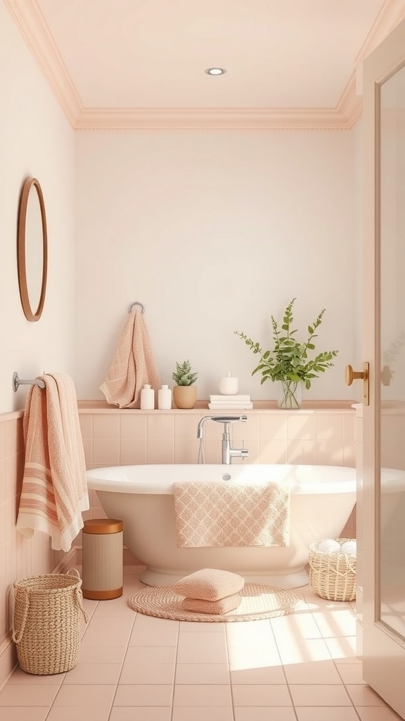 A pastel-colored bathroom featuring a bathtub, plants, and soft towels.
