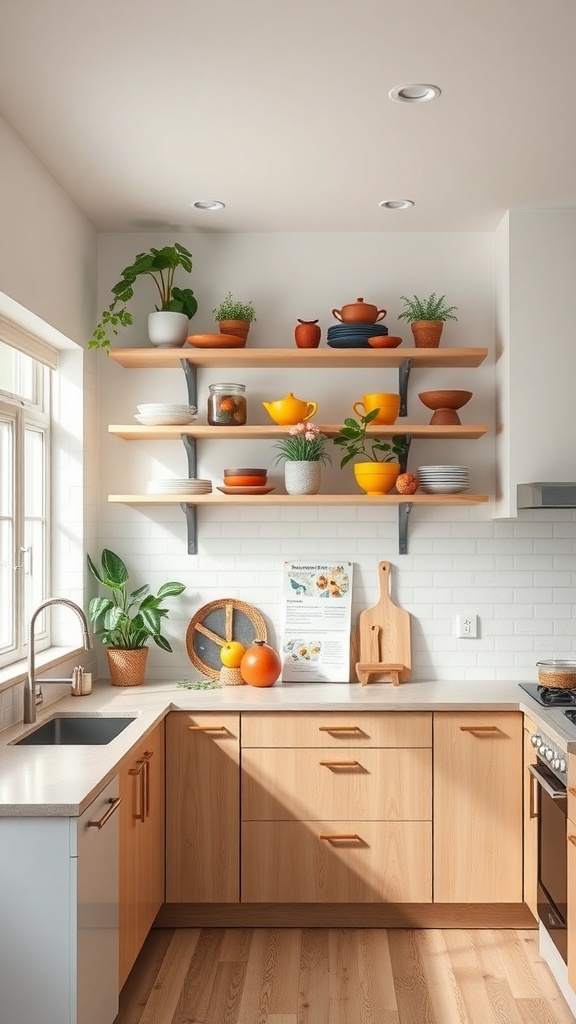 A modern kitchen featuring open shelving with colorful dishes and plants, showcasing a blend of style and functionality.