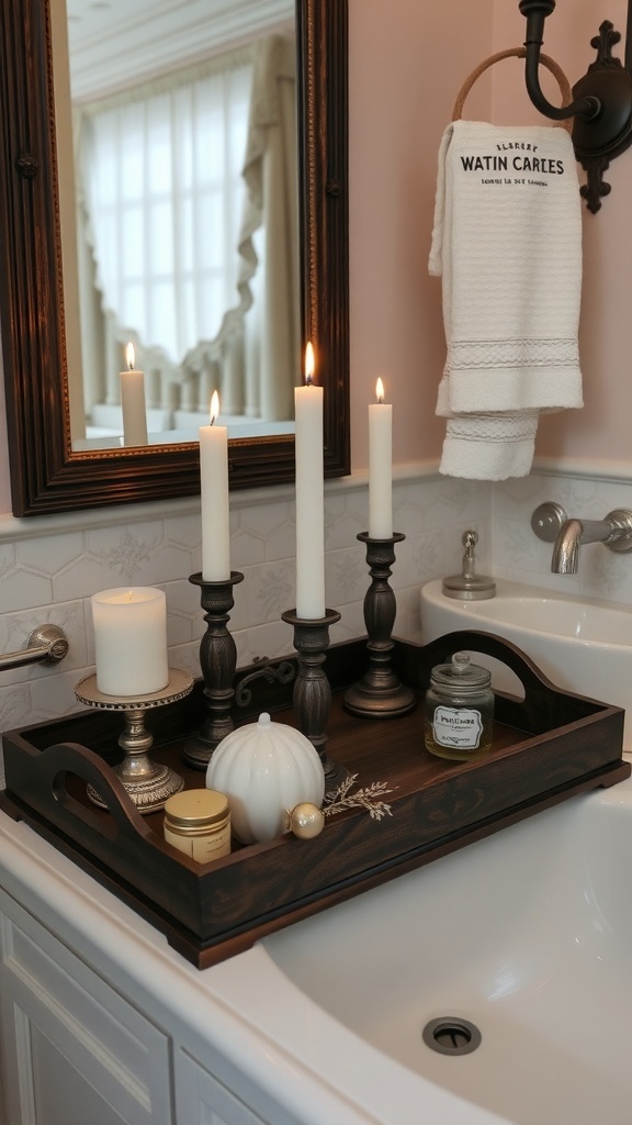 A traditional wooden tray with candles and decorative items in a bathroom setting.