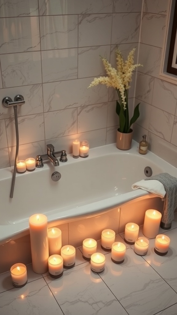 A serene bathroom scene featuring a bathtub surrounded by various candles and a flower arrangement.