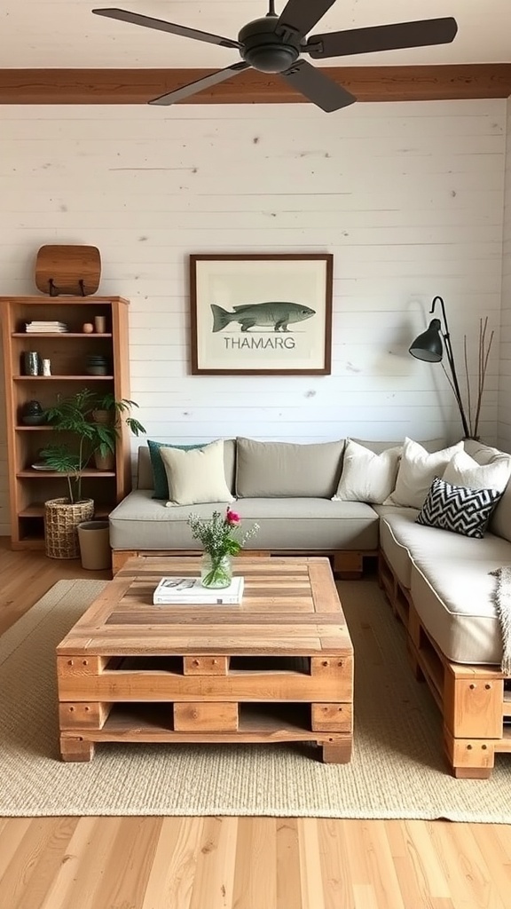 Cozy farmhouse living room with pallet furniture, including a sectional sofa and a coffee table.
