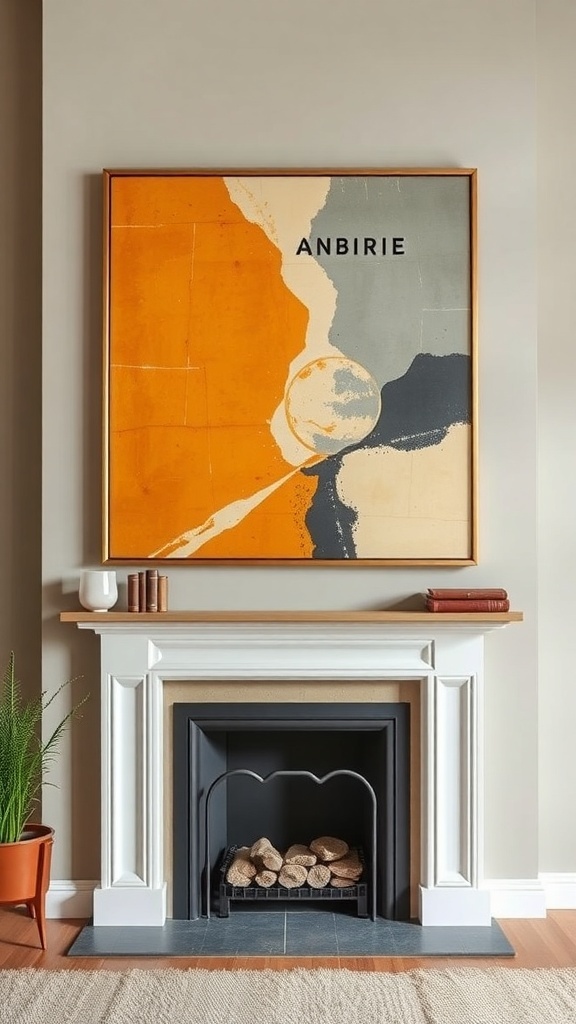 A modern abstract painting in orange and gray above a mid-century fireplace with a wooden mantel.