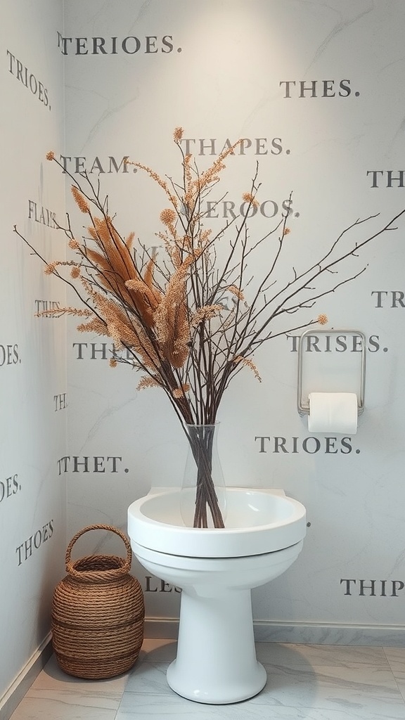 A bathroom with dried branches in a vase, a woven basket, and text on the wall.