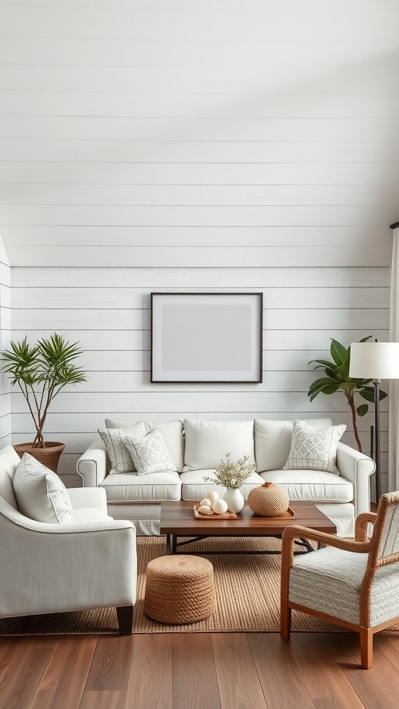 A cozy coastal farmhouse living room with shiplap walls, a white sofa, and natural decor.