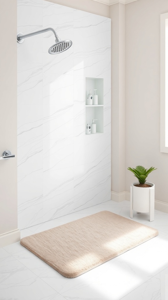 A modern shower area featuring a beige shower mat, sleek tiles, and a plant for decor.