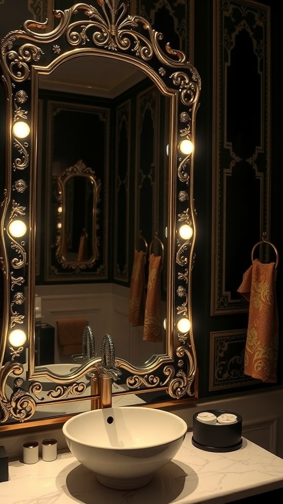 A glamorous bathroom mirror with an ornate golden frame and built-in lights, reflecting a stylish sink and elegant decor.