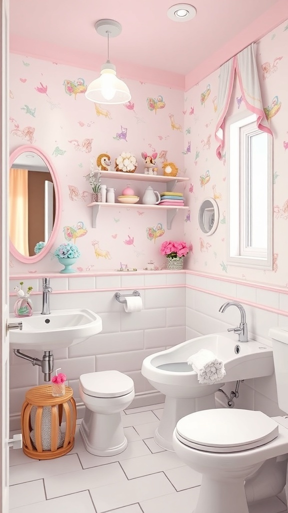 A kids bathroom decorated with pink walls featuring unicorns and butterflies, a round mirror, and a wooden stool.
