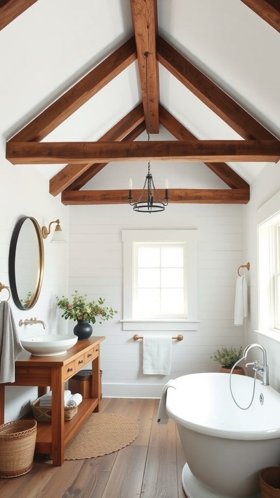 A stylish farmhouse bathroom featuring exposed wooden beams, a freestanding tub, and a wooden vanity.