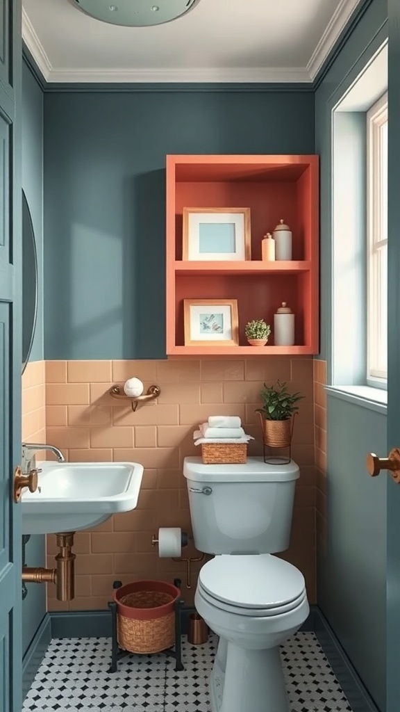 Colorful shelving in a bathroom with orange shelves and blue walls.
