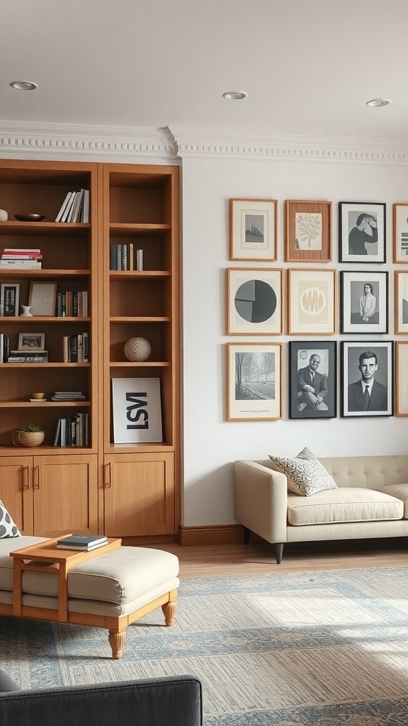 Living room with built-in wooden shelves and a gallery wall of framed art