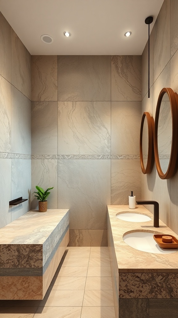 Modern bathroom with mixed materials, featuring stone countertops and round mirrors.