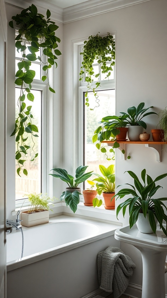 A bright bathroom with various indoor plants near windows and on shelves, creating a fresh and lively atmosphere.