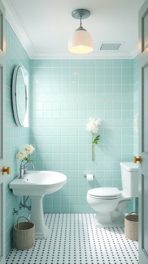A bright mint bathroom with mint tiles, white fixtures, and a round mirror.