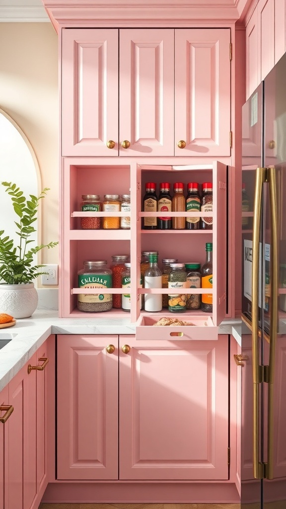 A charming pink spice rack with organized jars in a cozy kitchen setting.