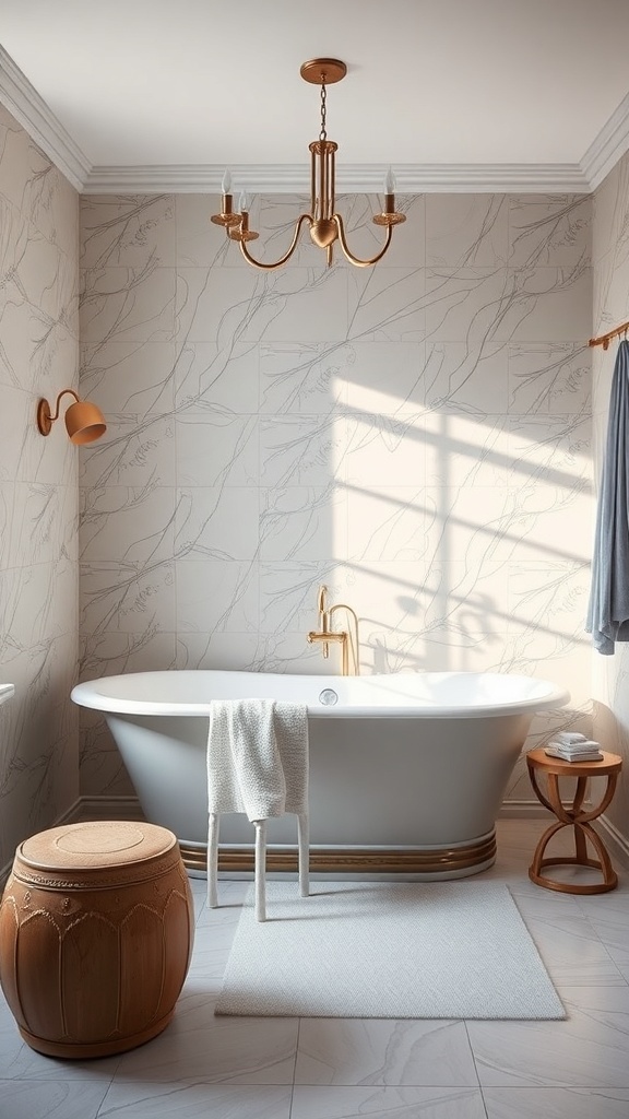 A luxurious bathroom featuring a freestanding tub, gold accents, and soft lighting.