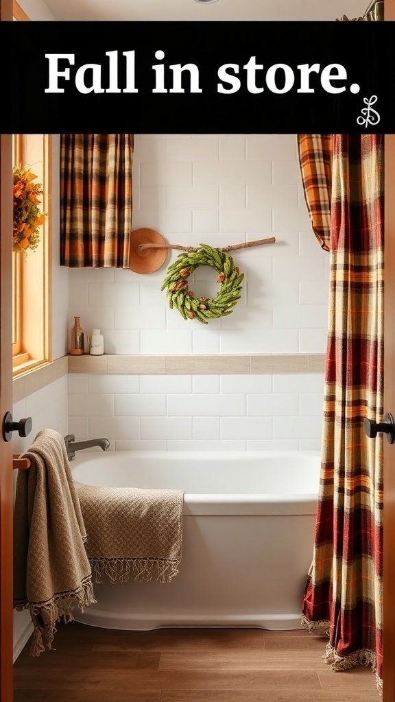 Bathroom decorated with plaid curtains and a wreath, showcasing a cozy fall theme.