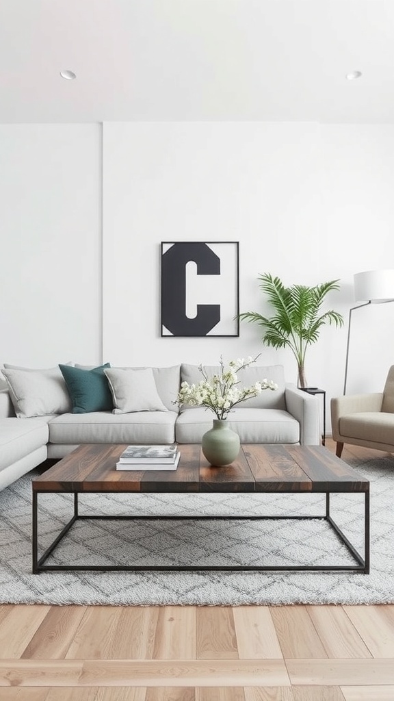 A stylish industrial coffee table with a wooden top and metal frame, surrounded by a cozy living room setting.