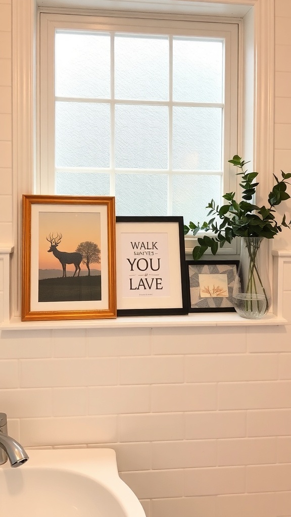Framed artwork and a vase with greenery on a bathroom window sill