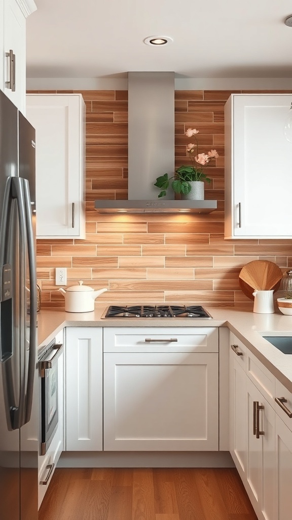 Wood slat backsplash in a modern kitchen with white cabinets and a gas stove