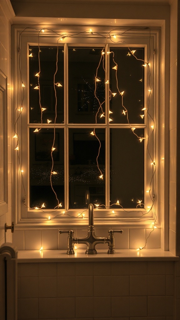 A bathroom window decorated with warm fairy lights, creating a cozy atmosphere.