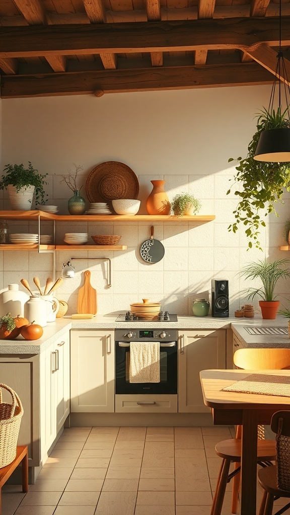 A cozy boho kitchen with soft pastel colors, natural wood accents, and earthy decor.