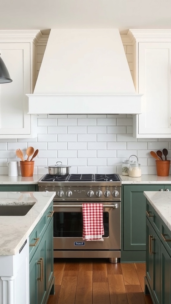 Modern kitchen featuring a white shiplap backsplash with green cabinets and a stylish stove.