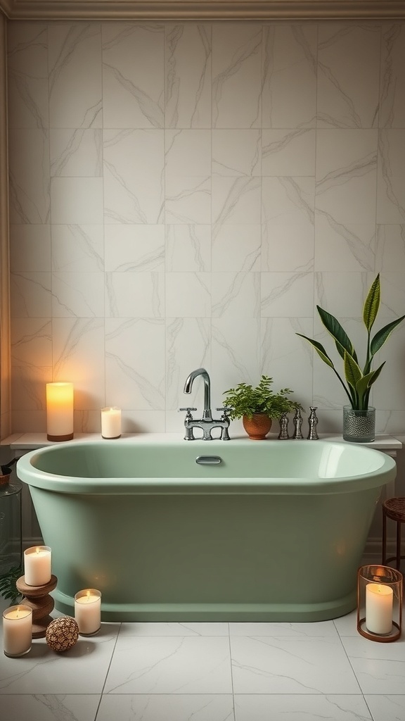 A sage green bathtub surrounded by candles and plants in a stylish bathroom setting.