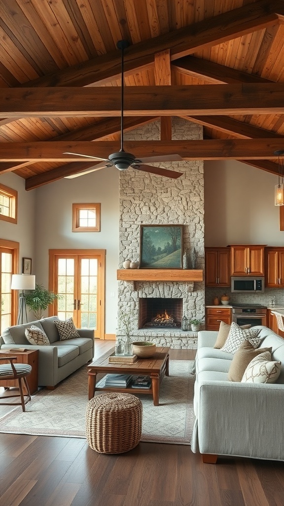 Cozy rustic living room with a stone fireplace and wooden beams, showcasing a seamless flow into the kitchen.