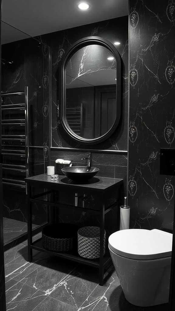 A stylish black and white bathroom featuring dark marble walls, a sleek sink, and an oval mirror.