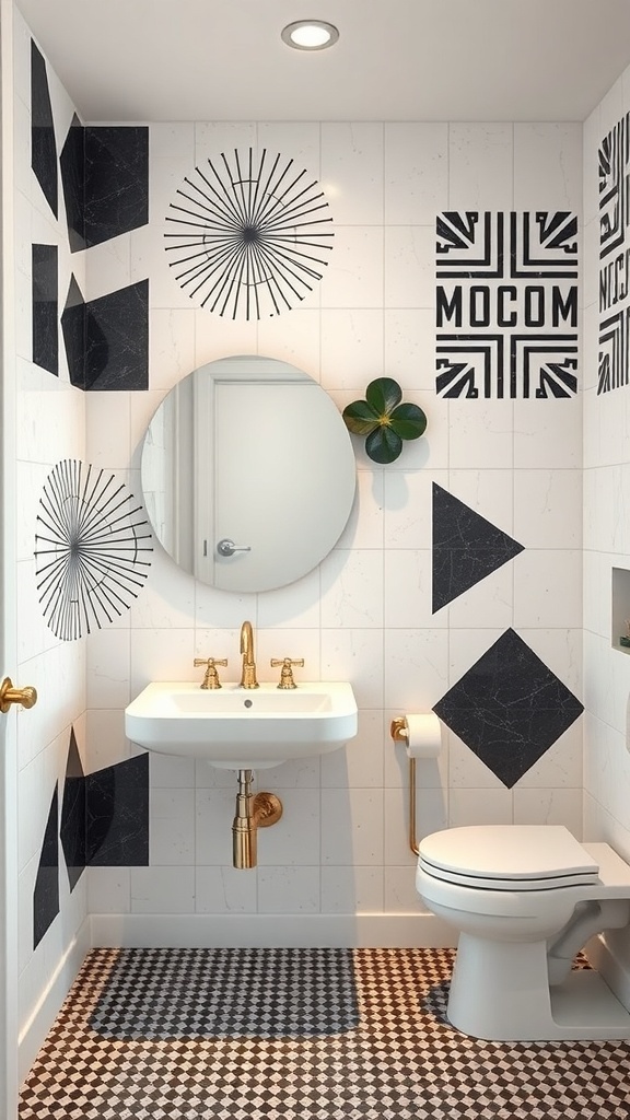 A modern bathroom featuring geometric wall patterns in black and white, with a round mirror and gold fixtures.