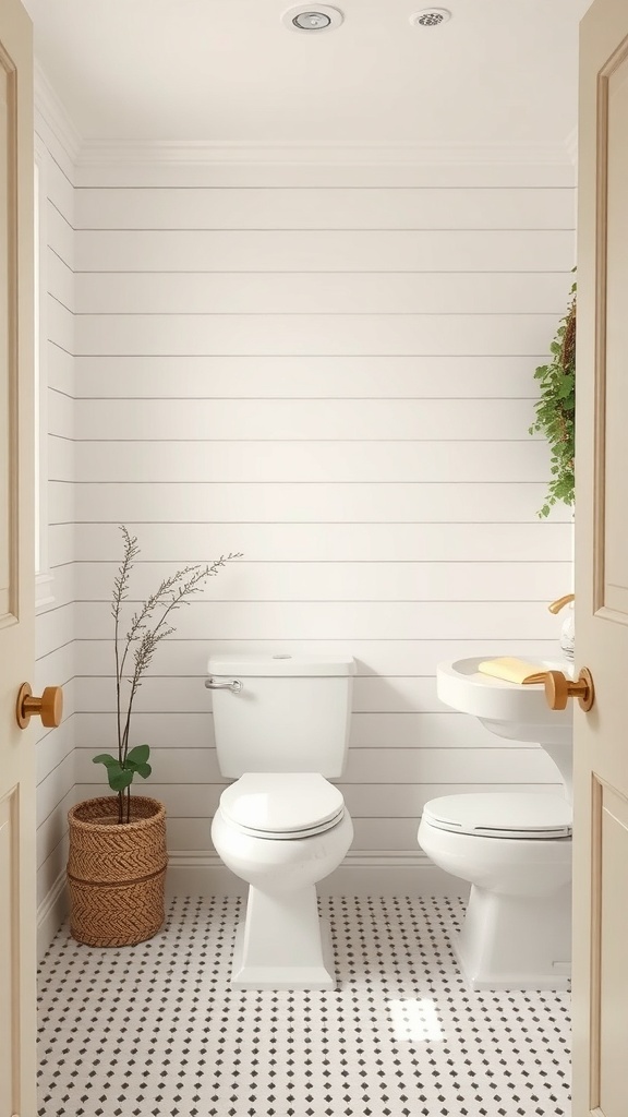 A modern bathroom featuring white shiplap walls, a woven basket with a plant, and patterned flooring.