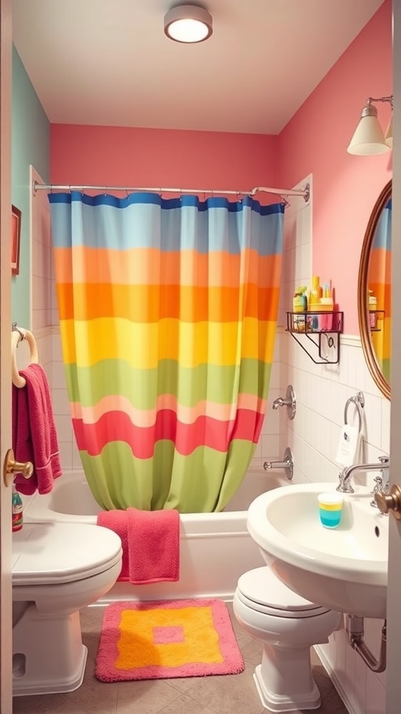 A colorful kids bathroom featuring a rainbow shower curtain, pink walls, and vibrant accessories.