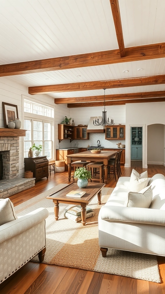 A rustic kitchen and living room combo featuring wood beams, stone accents, and a neutral color palette.