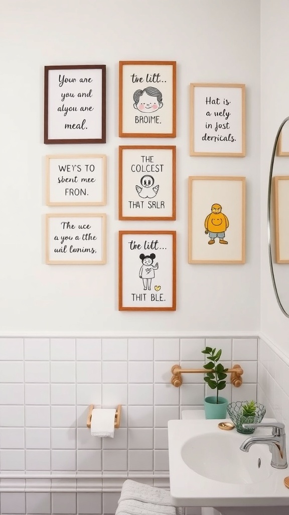 A collection of charming wall art in a bathroom, featuring playful illustrations and quotes in various frames.