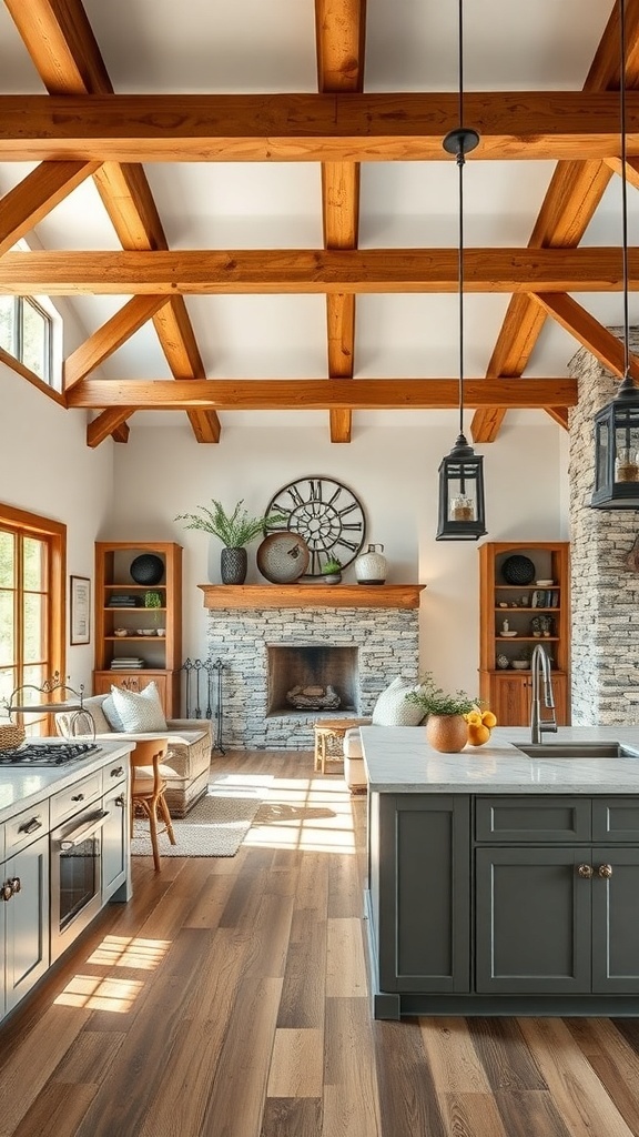 A rustic kitchen with wood beams, stone accents, and a cozy living room area.