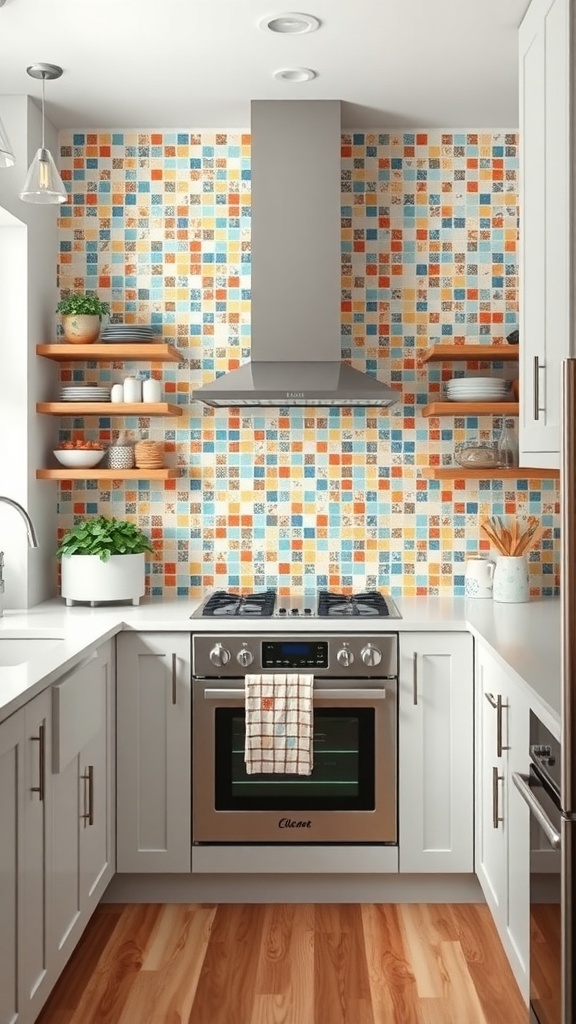 Colorful mosaic tile backsplash in a modern kitchen with white cabinets and wooden shelves.