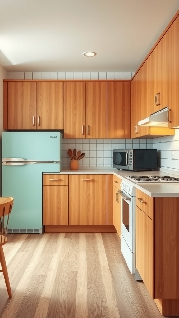 A mid century modern kitchen featuring retro-inspired appliances and warm wood cabinets.