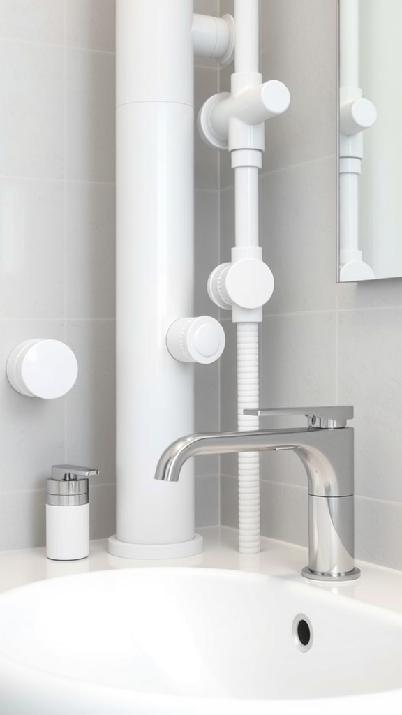 A close-up view of a modern bathroom sink with white fixtures and a sleek faucet.